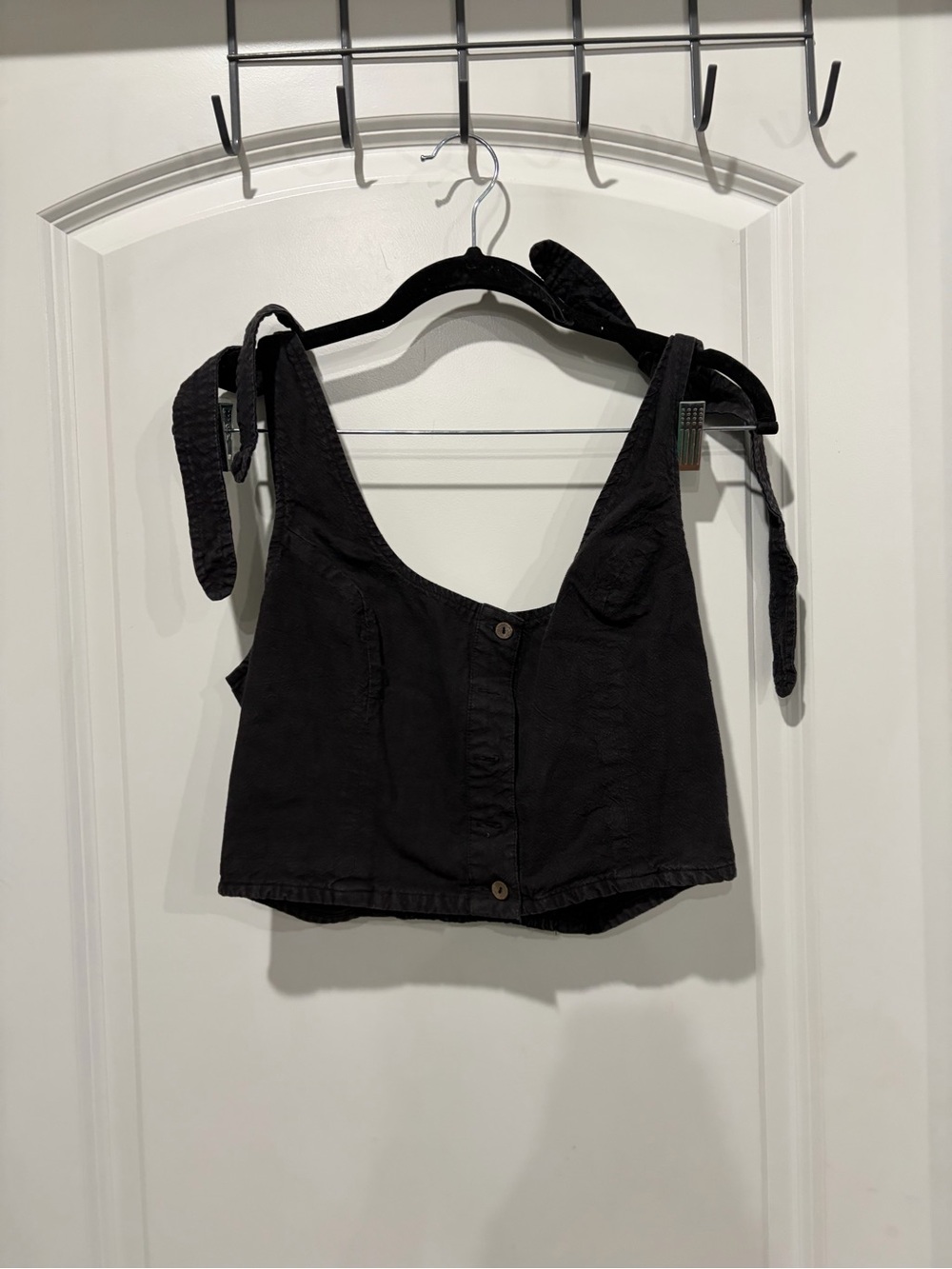 Free People Black Tie-Shoulder Button Crop Top